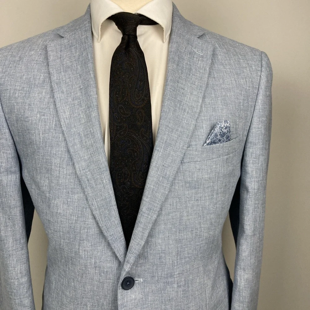 Bar III Men's Slim Fit 2 Piece Suit Jacket 44R Pant 36W 30L Blue Linen Cotton